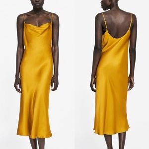 ZARA Mustard Gold Yellow Cowl Neck Slip Dress